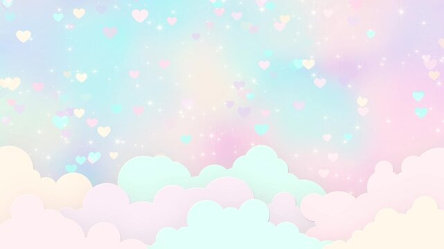 fairy sky shiny stars and hearts, unicorn pastel color fluffy clouds animation, fairy tale and lullaby nursery rhyme social media motion background