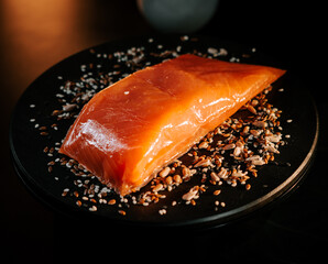 Fresh organic trout fillet on a black serving board surrounded by seeds