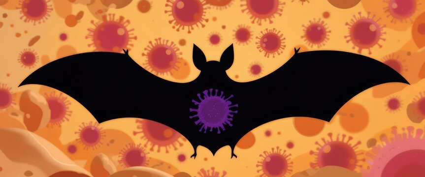Silhouette of a bat with a virus symbol on its body, surrounded by floating virus particles in a biological environment.