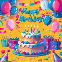 Festive Birthday Illustration with Colorful Cake, Balloons, and Party Decorations