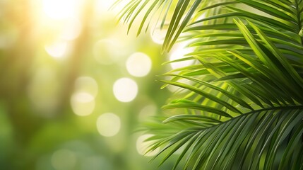 Obraz premium Palm Sunday Blessings: Lush Green Palm Leaves, Soft Focus Background. Perfect for religious celebrations, Easter, springtime themes, and inspirational