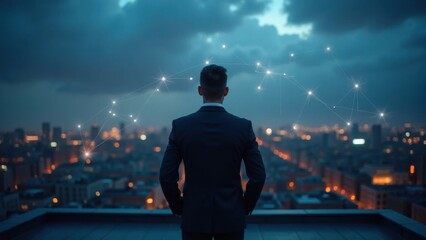 Businessman overlooking networked cityscape amidst a dramatic night skyline