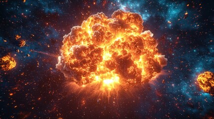 Fiery cosmic explosion with debris in space