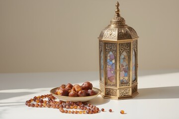 a gold lantern with dates and a bowl of dates