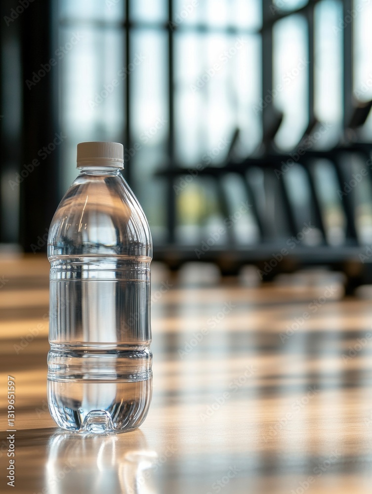 Aufkleber transparent water bottle stands out in a modern gym setting during workout hours with ample space fo