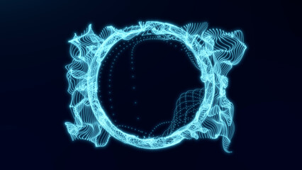 Abstract glowing looped energy  sphere made of particles on dark background.Dynamic animation of rotating wave dots and lines. Digital modern futuristic energy ring