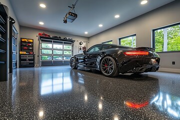 A modern luxury garage contains a pristine black sports car