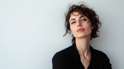 Confident Young Woman with Short Curly Hair Posing Against a Light Background