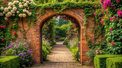 Fototapeta premium Archway entrance to a secluded garden court, flowers, courtyard, flowers, courtyard,serene, greenery, stone, nature