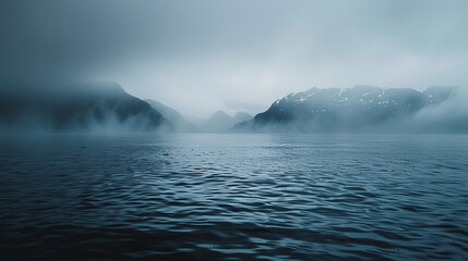 Naklejka premium A misty horizon with faint mountain silhouettes fading into the sky.