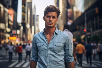 Fototapeta premium A man in a blue shirt stands in the middle of a busy city street