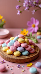 A delightful display of dye-free candies arranged on a wooden tray, surrounded by edible flowers and vibrant colors.