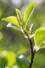 Fresh Green Leaf with Dew Drop in Sunlight - Natures Tranquil Beauty Close-Up