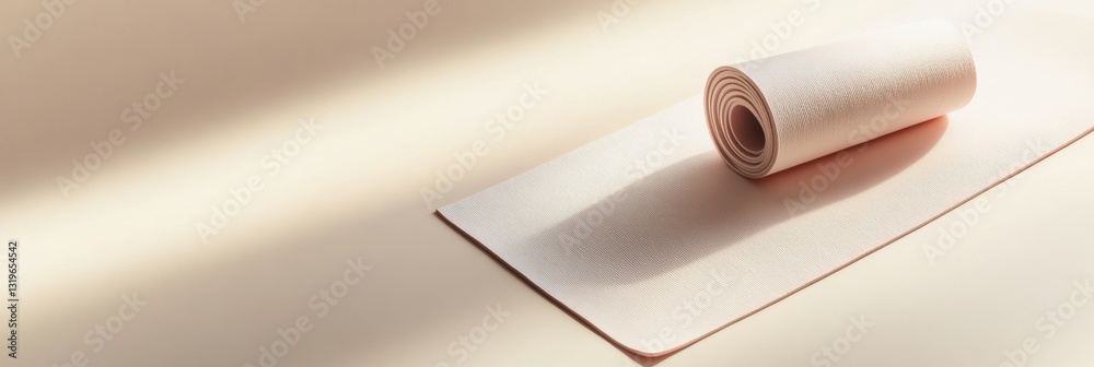 Poster minimalistic yoga mat rests diagonally on a soft light background with ample space, highlighting cle