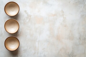 Fototapeta premium Three Empty Beige Bowls on a Light Background