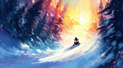 Snowy Landscape with Snowmobile in Colorful Forest at Sunrise