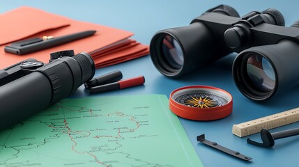 Exploration tools including binoculars, a map, and compass arranged on a blue surface