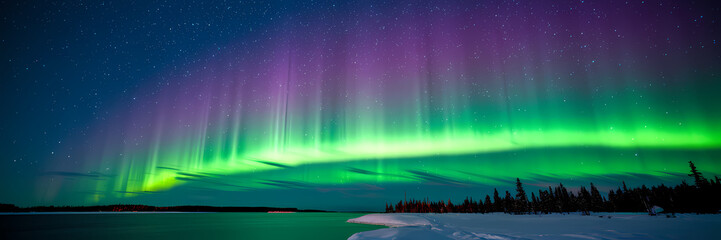 Aurora borealis Norther Lights glowing in the Night Sky over the water colorful dramatic beautiful landscape banner illustration image