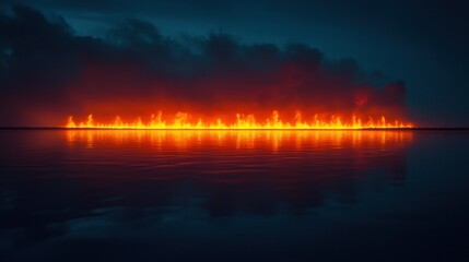 Fiery horizon reflecting on calm water at night.