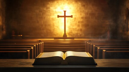 Naklejka premium Open Bible in Church, Religious Light, Spiritual Place, for Faith Concept
