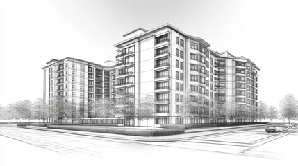 Perspective 3D wireframe representation of a building