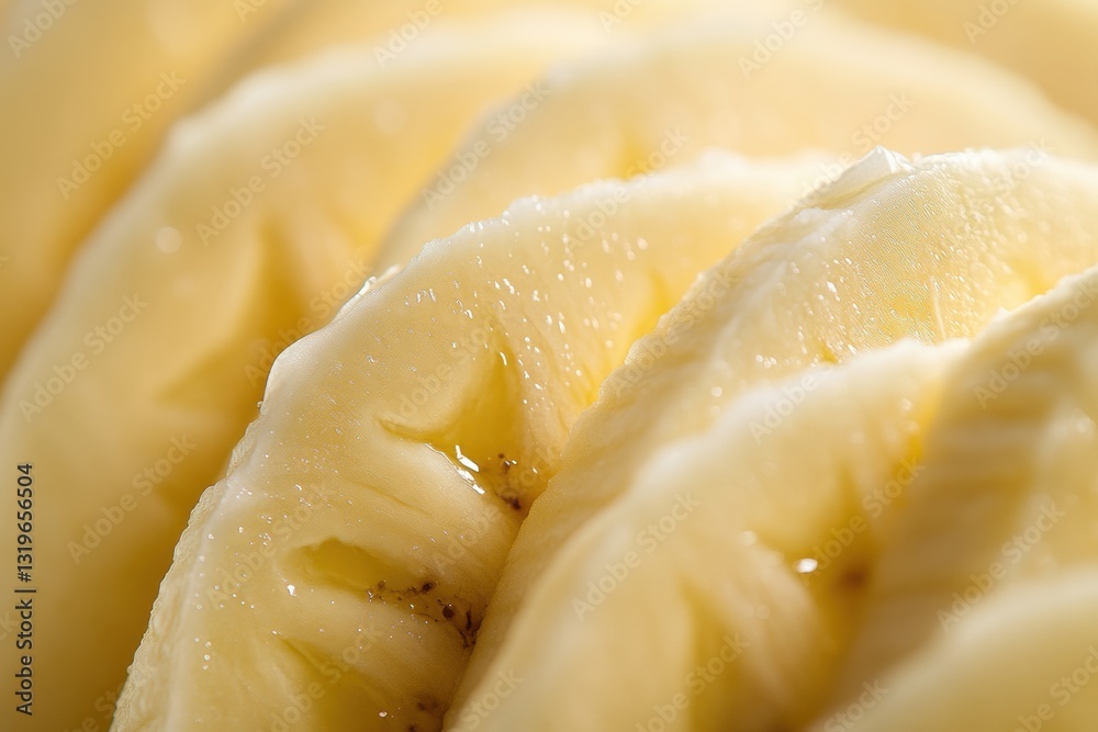 Poster close up macro shot of sliced banana halves revealing texture with soft background focus capturing n