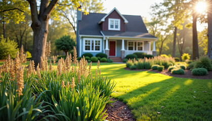 Native plants landscaping in front yard of a suburban house in spring with midday light