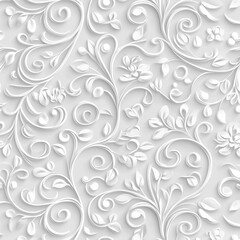 3D render of a seamless pattern with white plasticine, featuring floral leaves and swirls, vector illustration on a light grey background, seamless wallpaper design.