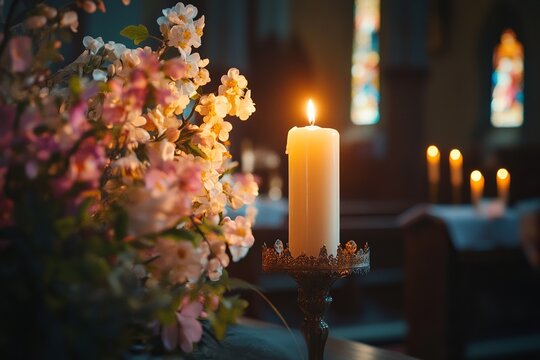Radiant Paschal Candle Illuminates Easter Service: A Symbol of Hope, Resurrection, and the Triumph of Light over Darkness. Perfect for Easter cards,