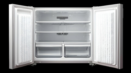 Fototapeta premium Empty Open White Refrigerator Interior With Shelves And Drawers On Black Background Showing Modern Design And Cooling System