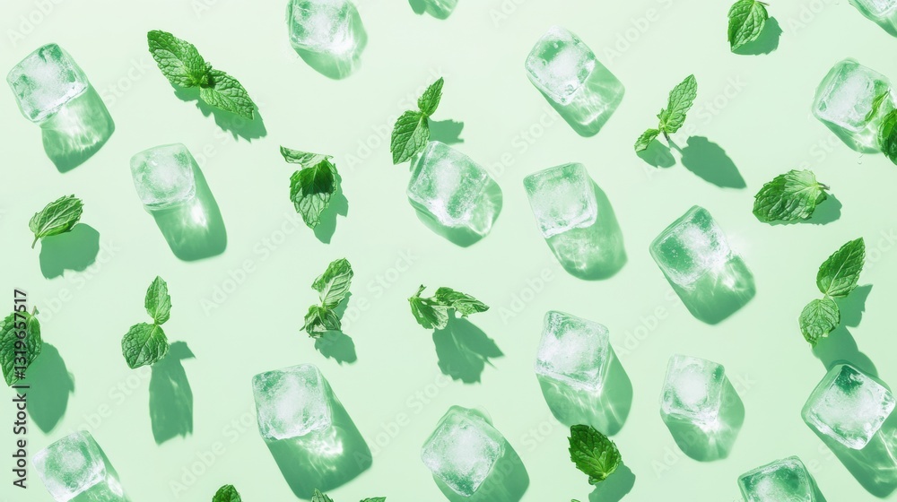 Poster Refreshing ice cubes and mint leaves on a light green background create a cool summer vibe in a studio setting