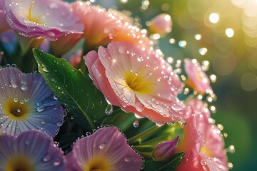 Delicate water droplets cling to the petals of a vibrant bouquet of flowers, glistening in the soft, warm light, with each drop refracting tiny rainbows, set against a blurred, lush green background, 