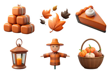 Autumn themed icons featuring pumpkins, leaves, and scarecrow evoke cozy seasonal vibe 3D