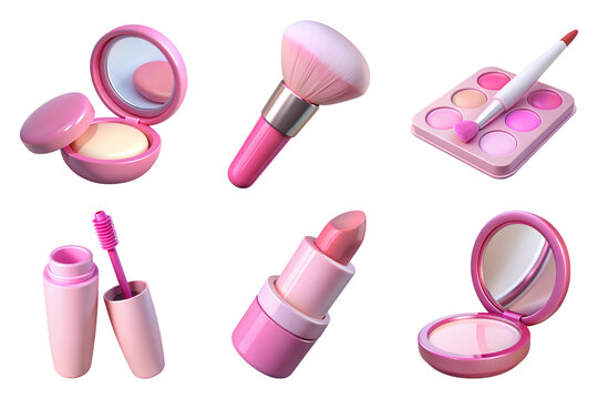 collection of pink cosmetic items including lipstick, blush, and brushes, showcasing beauty essentials in vibrant design 3D