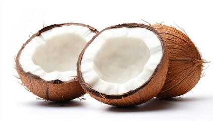 Freshly Cut Coconut Halves Showcasing Creamy White Flesh and Fibrous Shell on a Bright Background for Culinary and Tropical Themes