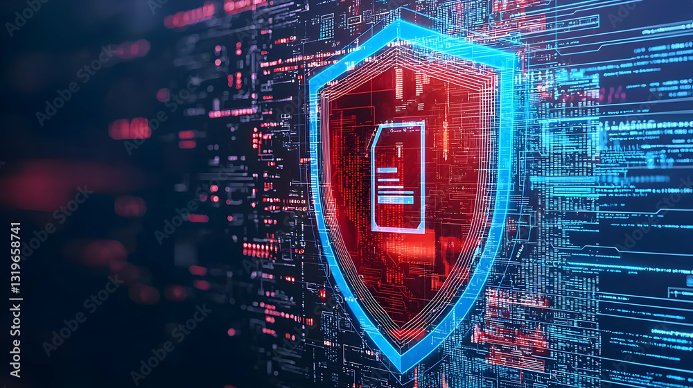 Poster digital shield protecting document with blue red abstract data stream background
