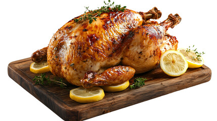 Whole roasted chicken with perfectly crispy golden skin, garnished with fresh thyme and lemon slices, resting on a wooden serving board.
