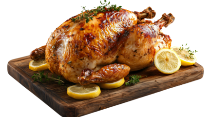Whole roasted chicken with perfectly crispy golden skin, garnished with fresh thyme and lemon slices, resting on a wooden serving board.