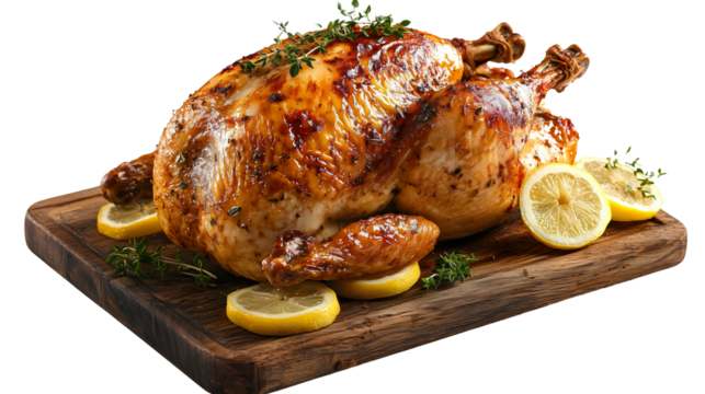 Whole roasted chicken with perfectly crispy golden skin, garnished with fresh thyme and lemon slices, resting on a wooden serving board.