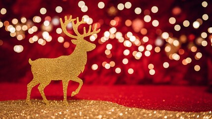 Naklejka premium A gold glitter reindeer figurine stands prominently in front of a blurred red backdrop