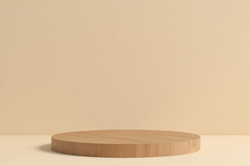 A wooden circular platform on a beige background, the platform is made of light-colored wood with a smooth, rounded edge