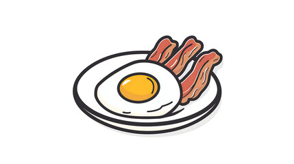 Cartoon Illustration of Sunny Side Up Eggs with Crispy Bacon Strips on a Plate for Classic American Breakfast Concept