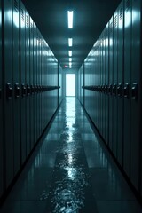 a long hallway with a light shining in the middle