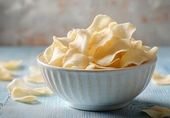 Freshly Prepared Potato Chips in a White Bowl on Light Blue Wooden Table with Natural Light and Subtle Background Texture