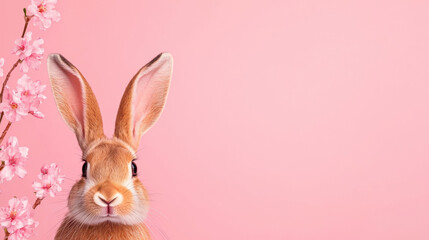 Fototapeta premium Cute rabbit with pink flowers on pastel background, perfect for spring