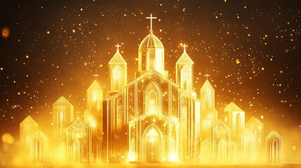 Obraz premium Golden church city at night, spiritual background, digital art, possible use for faith, inspirational content