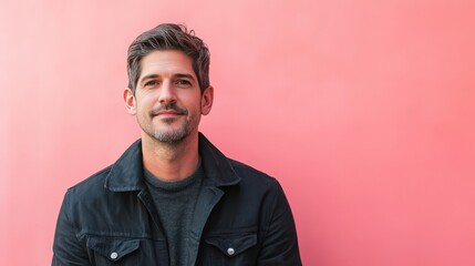 Obraz premium Confident Man Posing Against a Vibrant Pink Background in Casual Attire