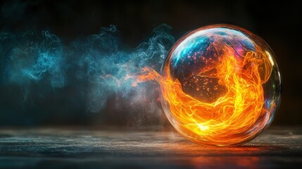 Fiery orb in a glass sphere with smoke.