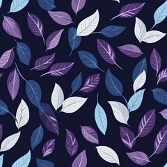 Fototapeta premium Simple, flat illustration pattern of leaves and petals in dark blue, purple, and white on a navy background.
