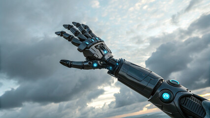 Advanced robotics in action: a cybernetic hand extending toward the sky against a dramatic backdrop